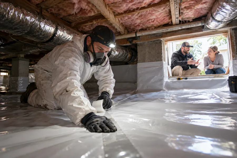 A worker fits a white vapor barrier across an exposed crawl space floor.