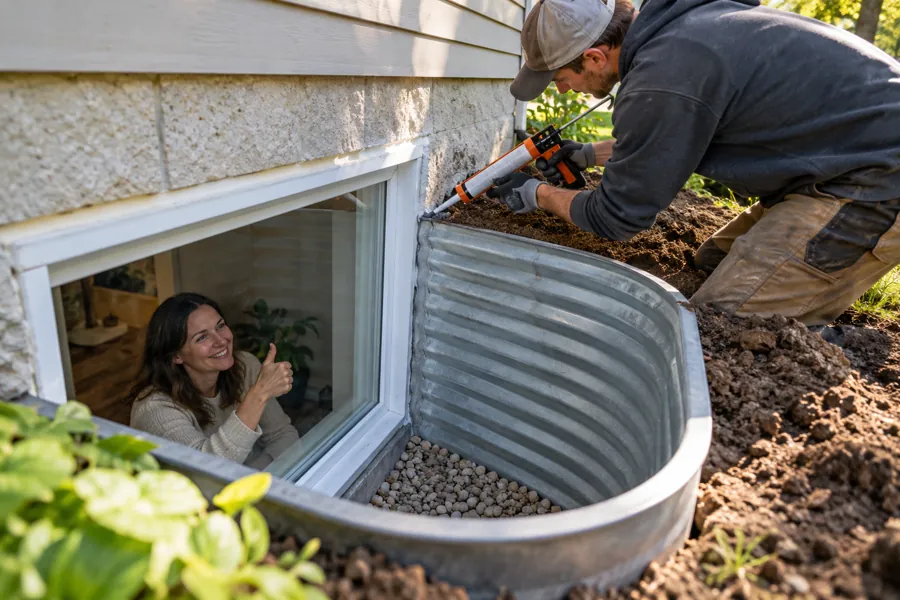 A worker checks the outside edge of an egress window well beside a basement window.