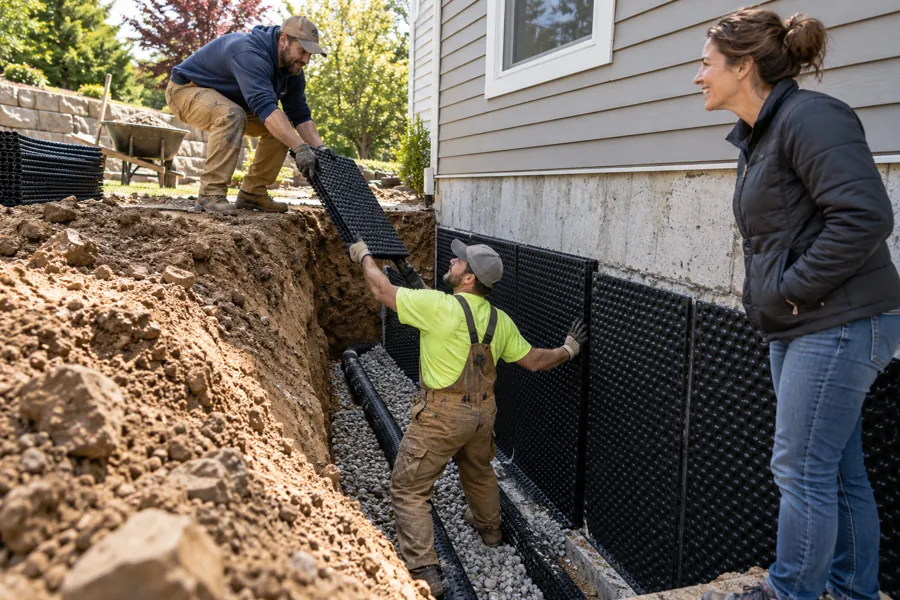 Workers install a dark waterproofing membrane against an excavated exterior foundation wall.