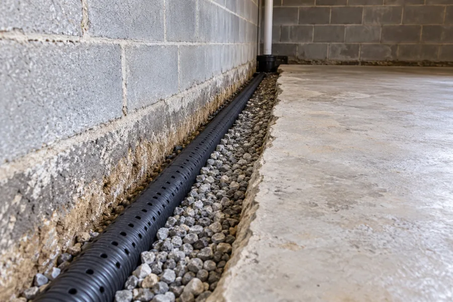 Gravel and drain pipe laid in an open trench along an interior basement wall.