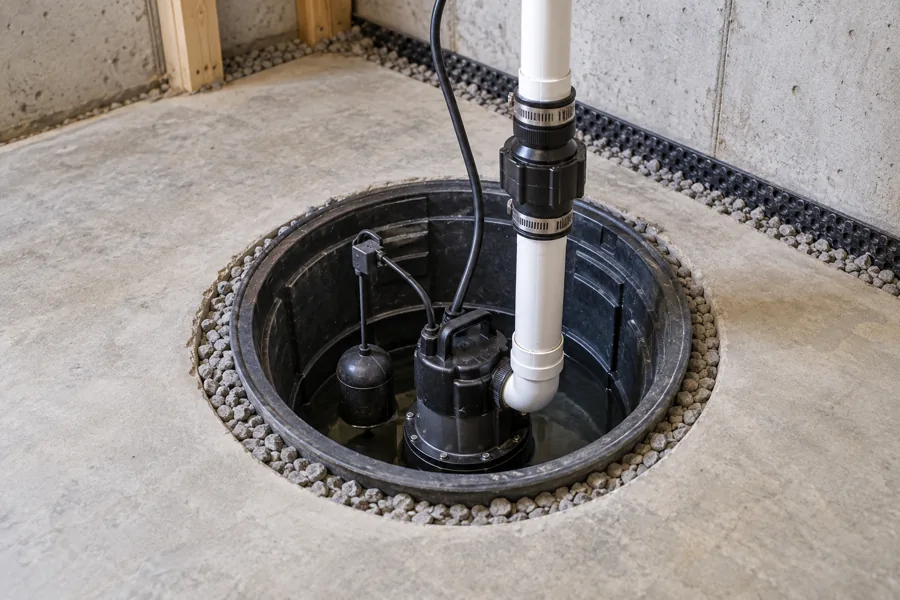 An open sump basin showing the pump, float switch, check valve, and white PVC discharge pipe.