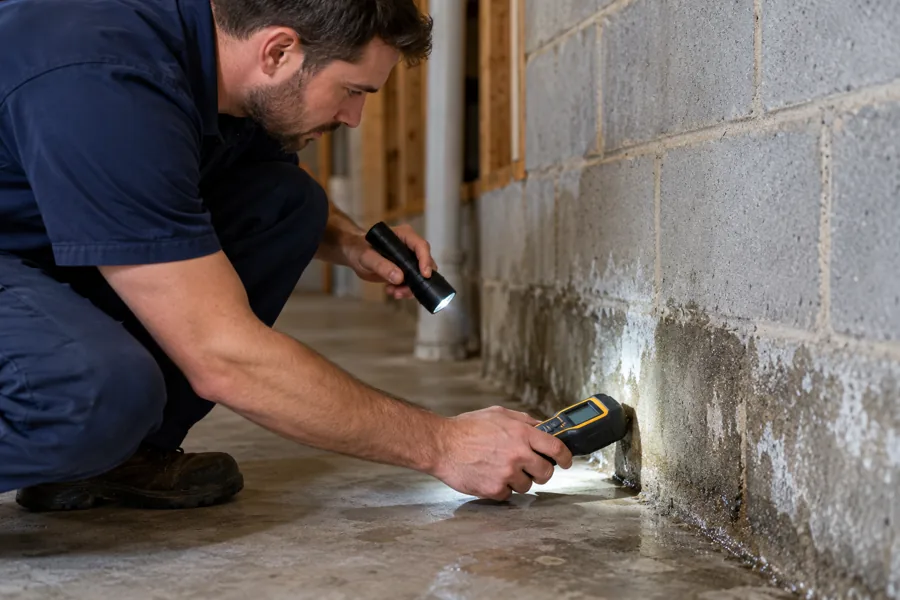 A technician uses a moisture meter and flashlight beside a damp basement wall-floor junction.