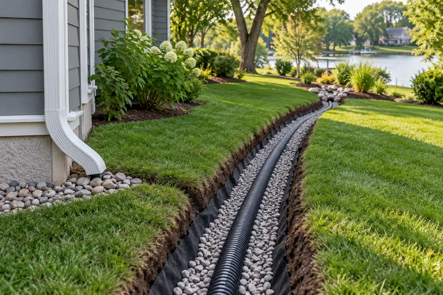 Gravel and perforated pipe in a drainage trench beside a house.