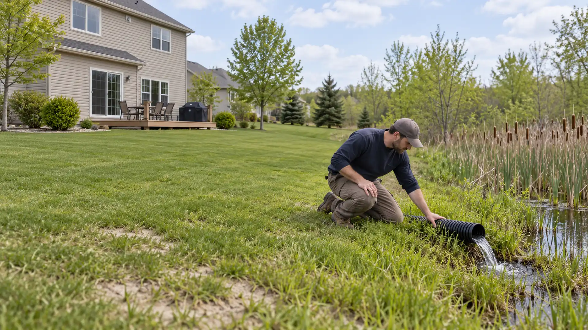 A technician checks a sump discharge outlet beside a suburban home and cattail wetland.