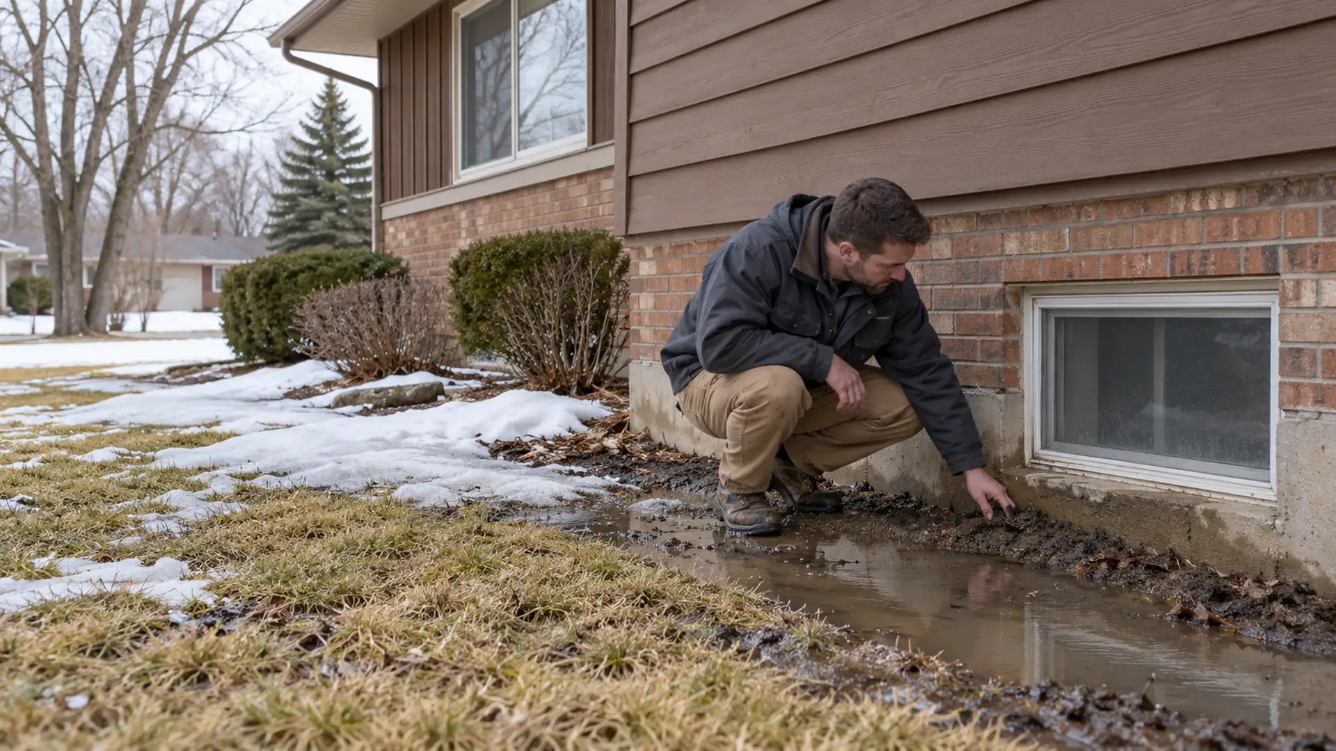 A technician inspects pooled meltwater beside a split-level house and basement window.