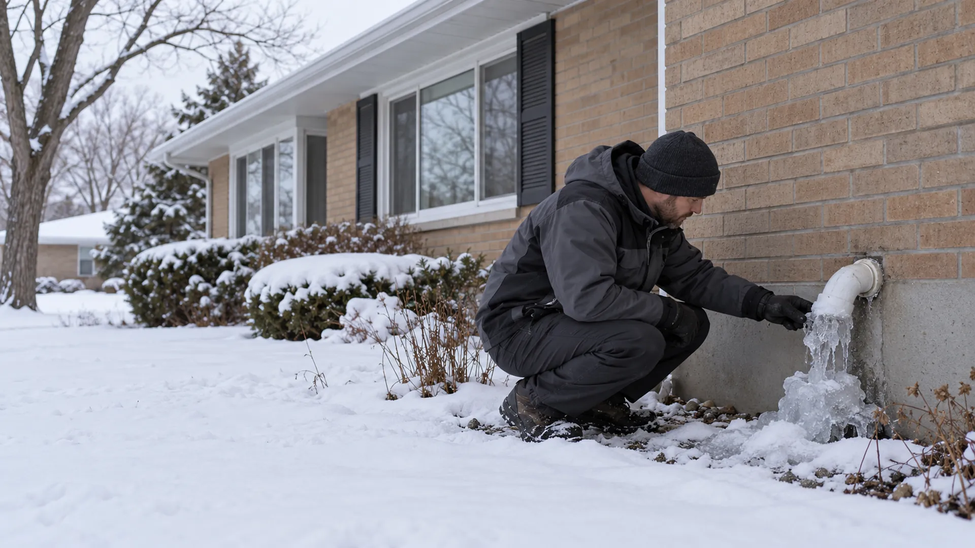 A technician examines an icy sump discharge pipe outside a snow-covered rambler.
