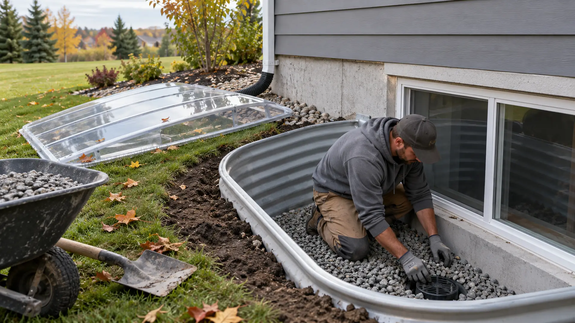 A worker installs gravel and drainage beside a covered egress window well at a newer home.