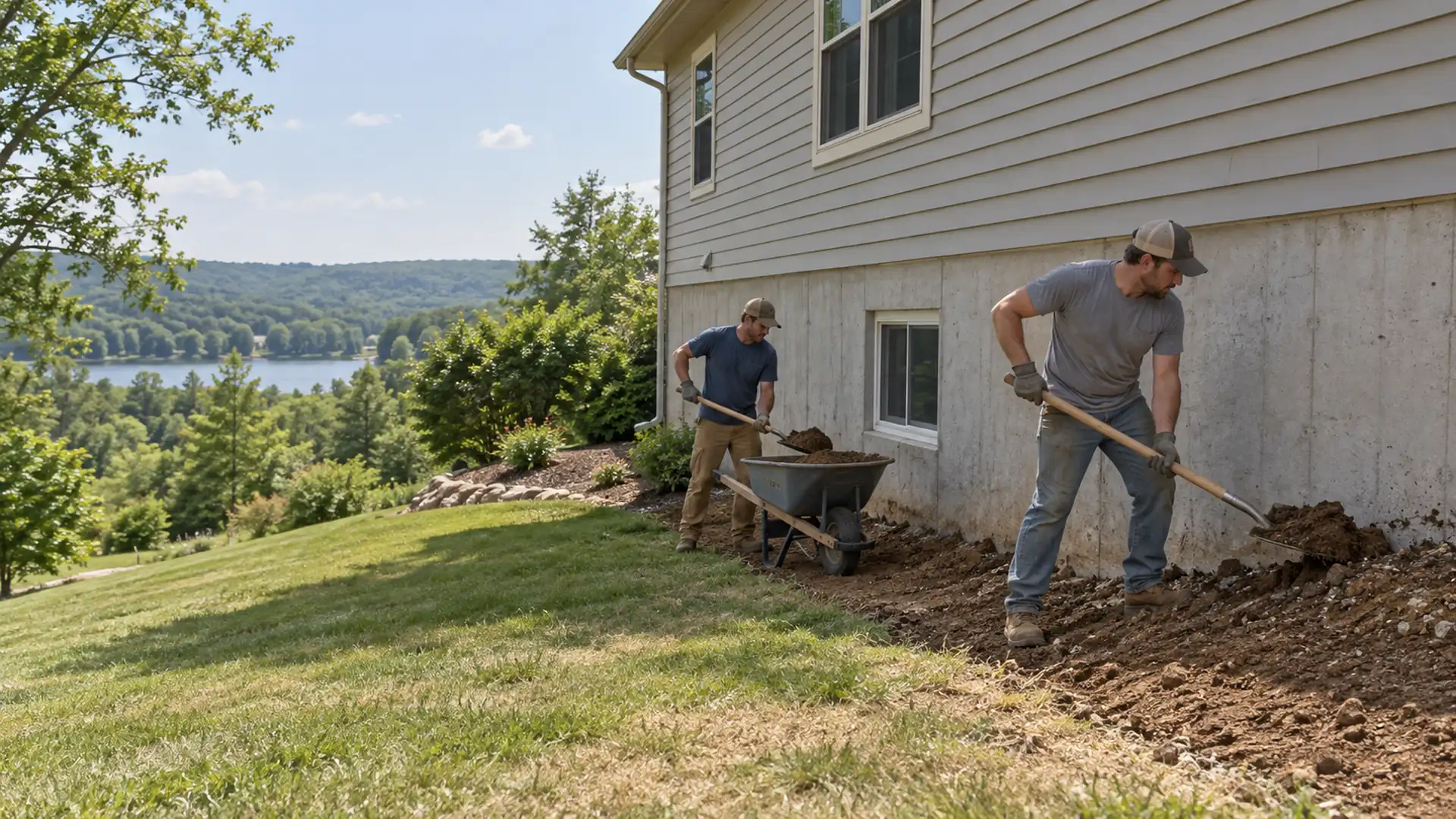 Workers regrade soil away from an exposed downhill foundation beside a two-story home.